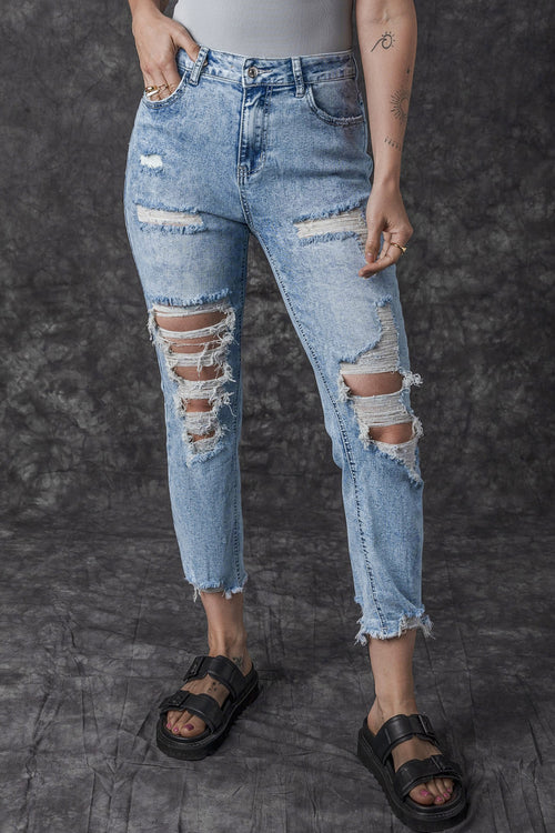 Sky Blue Distressed Slim Fit Acid Wash Jeans