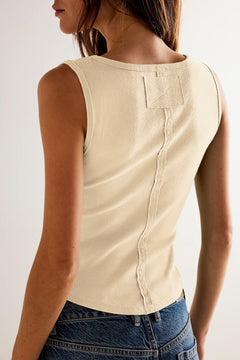 Charming Beige Ribbed Crop Top with Playful Scoop Neck