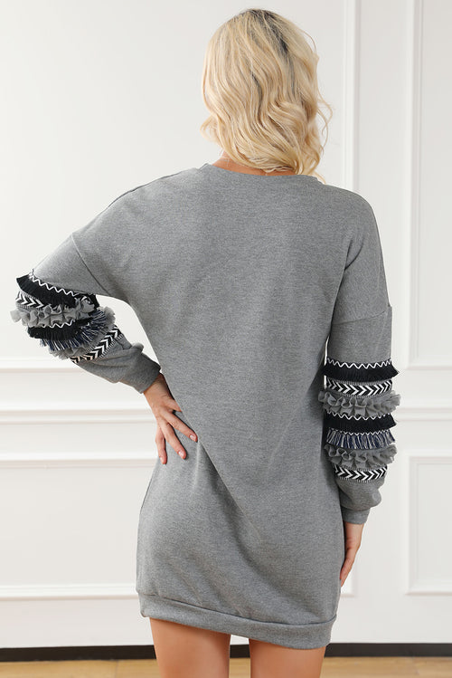 Exquisite Grey Fringed Ruffled Sweatshirt Dress