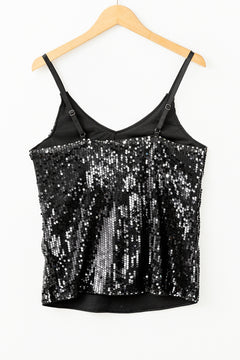 Black Sequined Adjustable Spaghetti Straps Tank Top