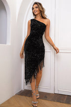 Elegant Fringe Sequin Dress: Asymmetrical Hem Statement