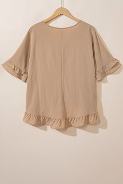 Light French Beige Loose Ruffled V Neck Blouse