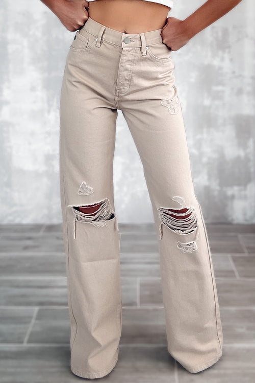 Khaki Ripped Wide-Leg Jeans: Elevate Your Style