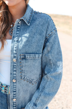 Sky Blue Studded Denim Jacket: Autumn Essential!