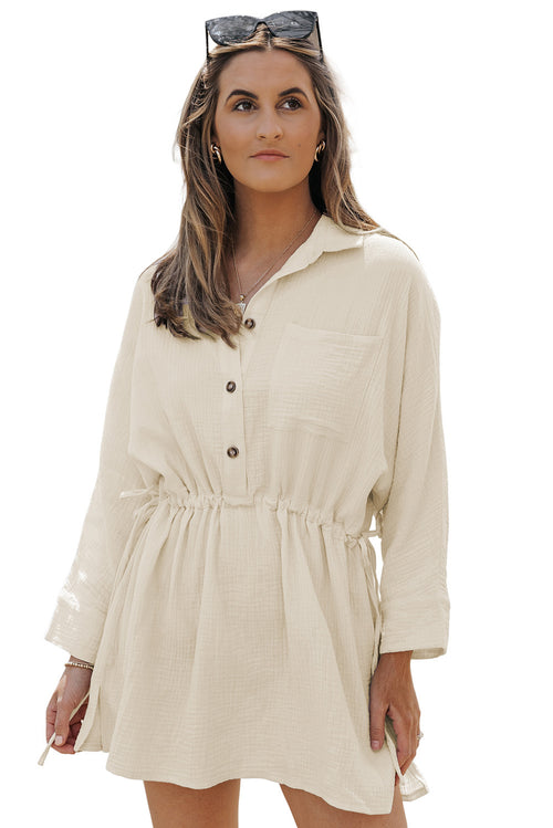 Elegant Beige Button Dress: Premium Cotton Quality