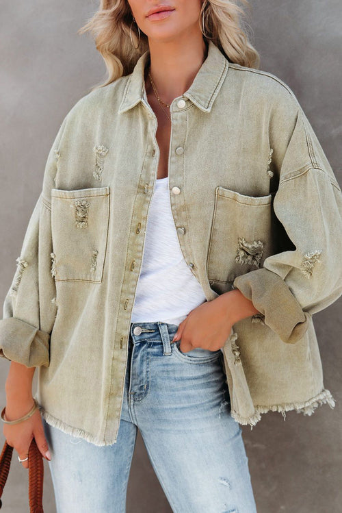 Green Distressed Denim Jacket with Fringe Trim