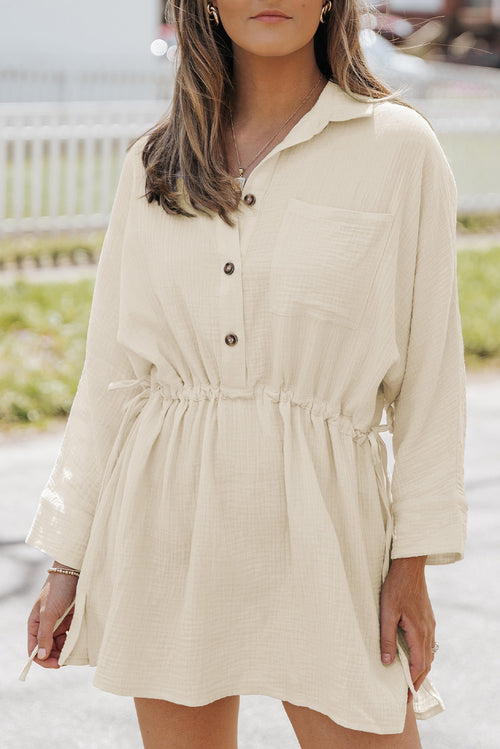 Elegant Beige Button Dress: Premium Cotton Quality