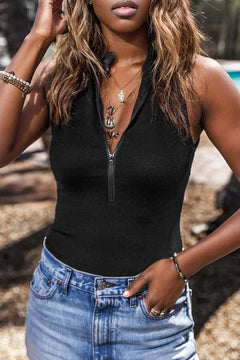 Sophisticated Black Zip-Up Sleeveless Bodysuit