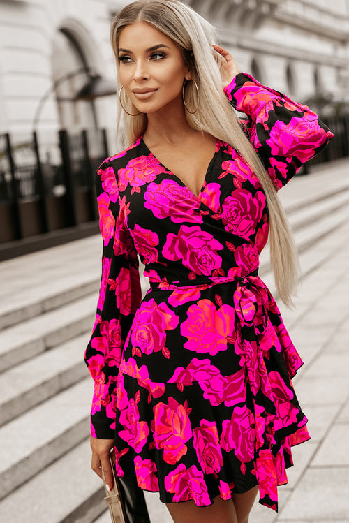 Elegant Rose Floral V Neck Sleeve Dress