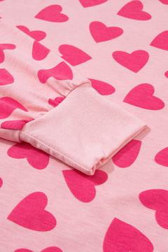 Pink Valentine Heart Shape Print Long Sleeve Top Shorts Lounge Set