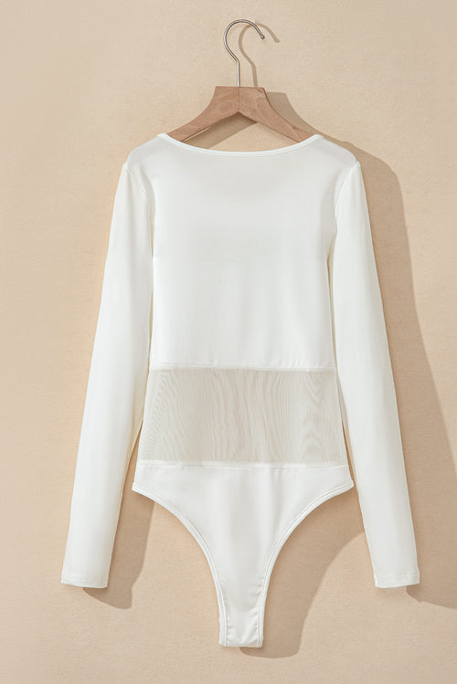 Sophisticated White Mesh Patchwork Long Sleeve Bodysuit