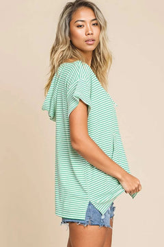 Luxurious Striped Short Sleeve Hooded Top