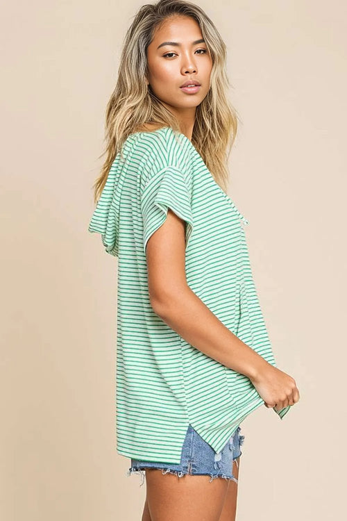 Luxurious Striped Short Sleeve Hooded Top