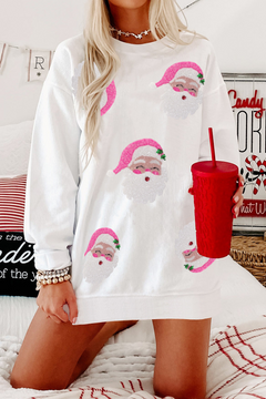 Sequin Santa's Whimsical White Ribbed Sweatshirt