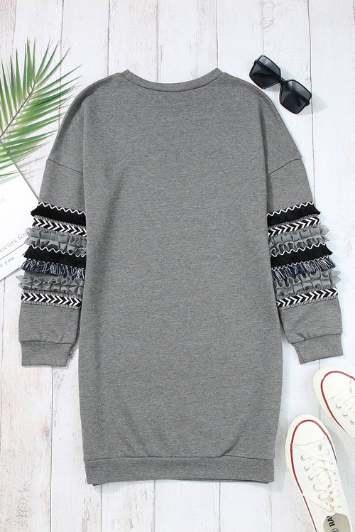 Exquisite Grey Fringed Ruffled Sweatshirt Dress