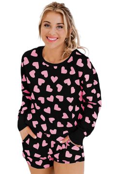 Pink Valentine Heart Shape Print Long Sleeve Top Shorts Lounge Set