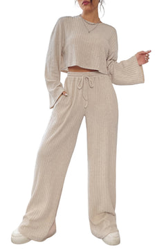 Khaki Ribbed Knit Bell Sleeve Crop Top Drawstring Pants Set