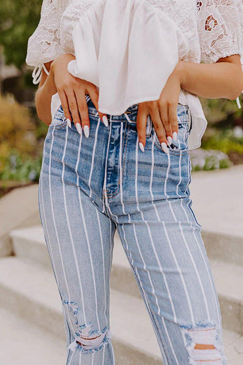 Sky Blue Striped Ripped Flare Jeans 🌟