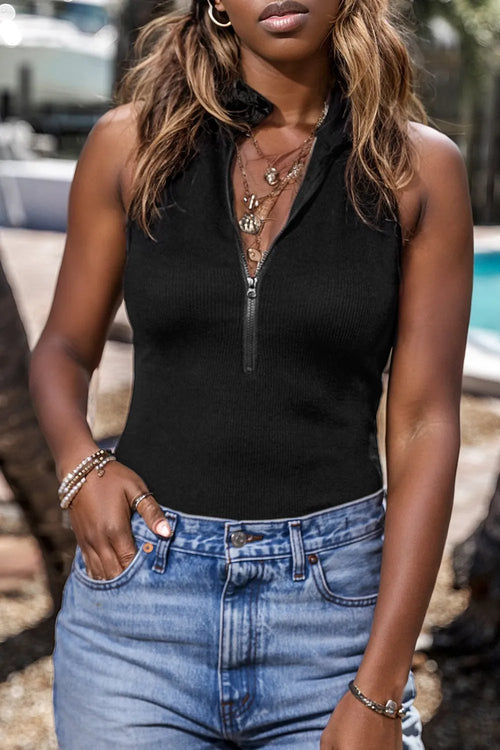 Sophisticated Black Zip-Up Sleeveless Bodysuit