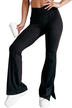 Flared Black Leggings: Chic Cross Waist Split-Hem