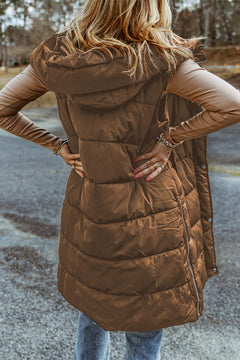 Dark Grey Hooded Long Quilted Vest Coat