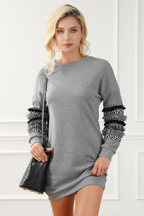 Exquisite Grey Fringed Ruffled Sweatshirt Dress