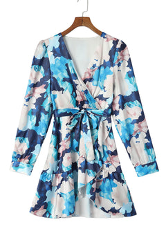 Blue Abstract Floral Ruffle Dress: Graceful Elegance