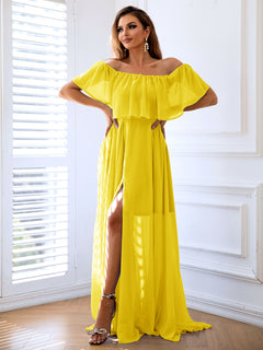 Elegant Off-Shoulder Split Maxi Dress in Polyester