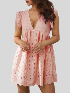 Eyelet Ruffled Mini Dress with Cap Sleeves