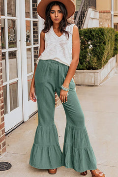 Black Textured High Waist Ruffled Bell Bottom Pants