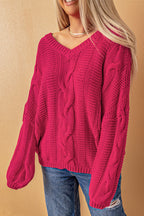 Charming Rose Bubblegum V-Neck Braided Knit Sweater