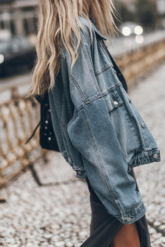 Sky Blue Metal Buttons Flap Pocket Drop Shoulder Denim Jacket