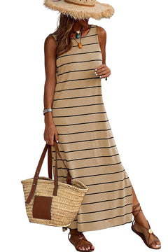 Brown Stripe Print Open Back Sleeveless Maxi Dress with Slits