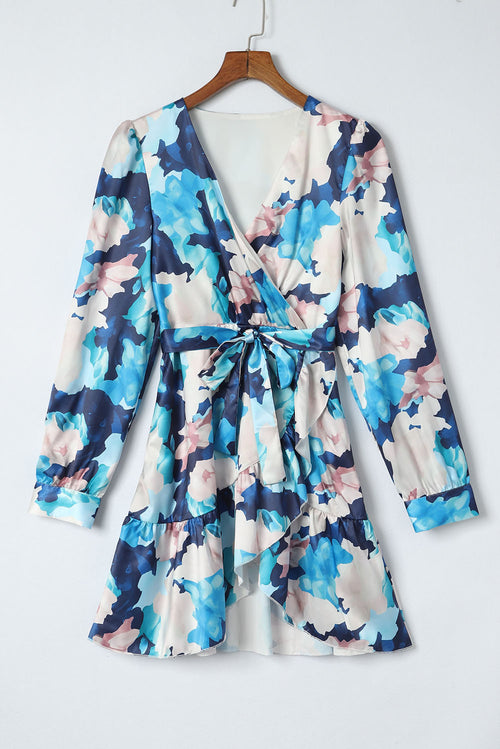 Blue Abstract Floral Ruffle Dress: Graceful Elegance