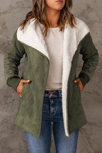 Charming Green Faux Suede Fleece-Lined Open Front Jacket