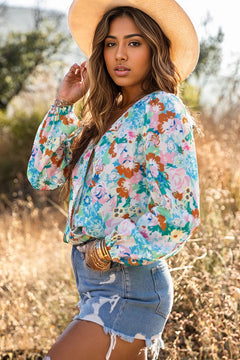 Elegant Sky Blue Floral Wrap Bodysuit