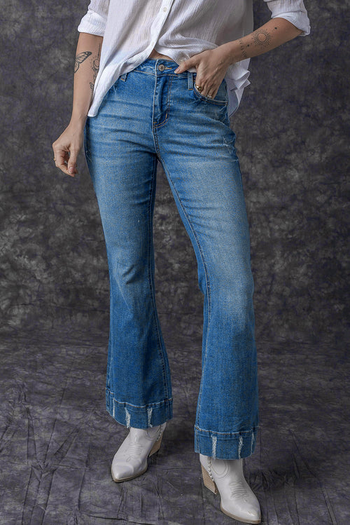 Sky Blue Distressed Flare Jeans: Retro-Chic Essential