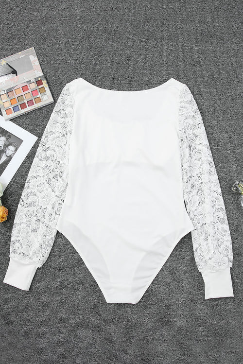 White Lace-Sleeved Square Neck Bodysuit: Timeless Elegance