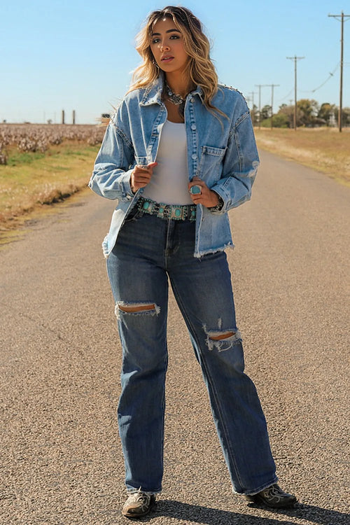 Sky Blue Studded Denim Jacket: Autumn Essential!