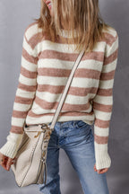 Charming Brown Striped Round Neck Sweater for Serene Days