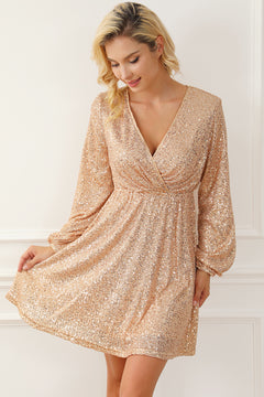 Apricot Sequin V-Neck Elegance Dress