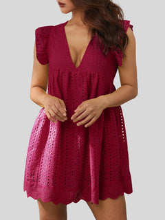 Eyelet Ruffled Mini Dress with Cap Sleeves