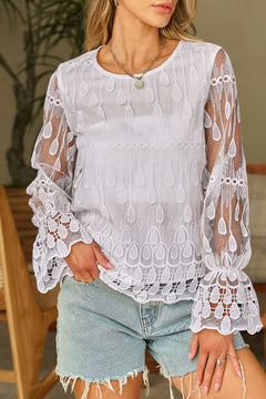 Flirty Beige Embroidered Mesh Sleeve Blouse 🌟