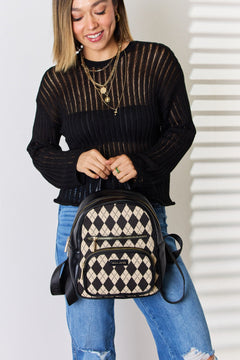 Argyle Pattern PU Leather Backpack: Noble Elegance