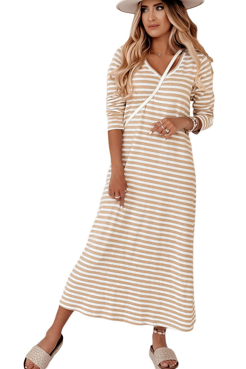 Elegant Khaki Striped V-neck Dress