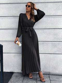 V-Neck Pleated Maxi Dress with Tie Waist