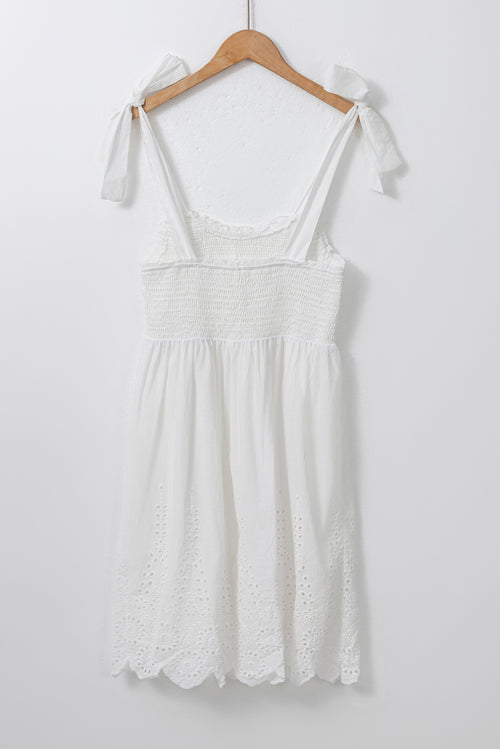 White Adjustable Tie Straps Smocked Mini Dress