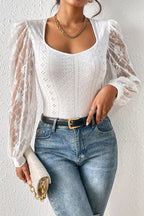 White Frenchy Contrast Lace Bishop Sleeve Bodysuit