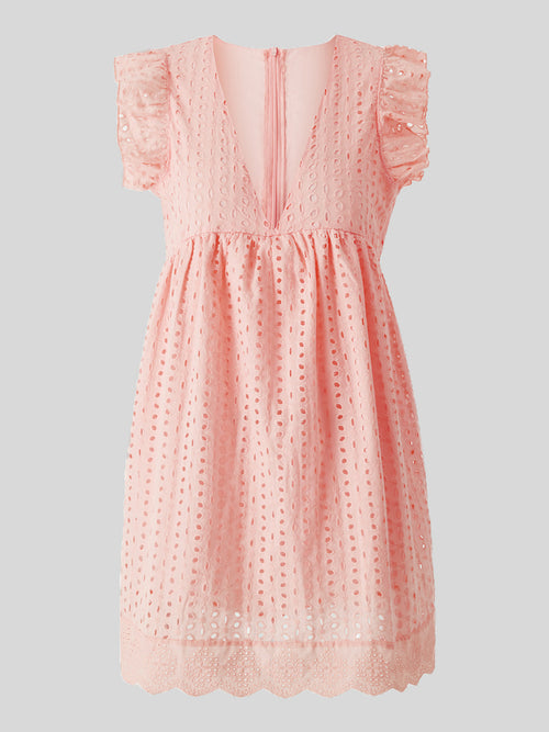 Eyelet Ruffled Mini Dress with Cap Sleeves