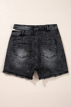 Black High Waist Multi Buttons Raw Edge Denim Shorts